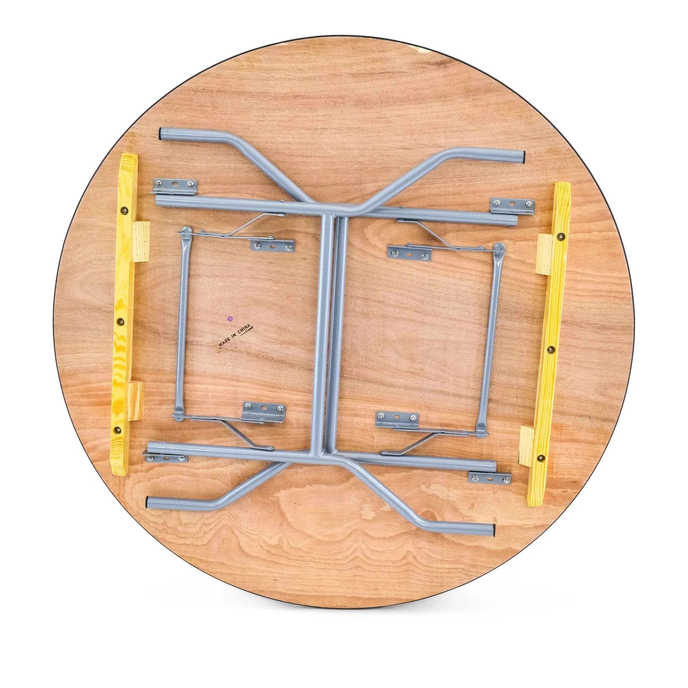 Bottom side view of the 48-inch wood round folding table showing folded legs and frame structure.