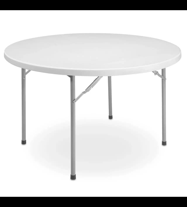 Front hero view of the 48-inch white plastic round folding table showing tabletop and legs clearly visible.