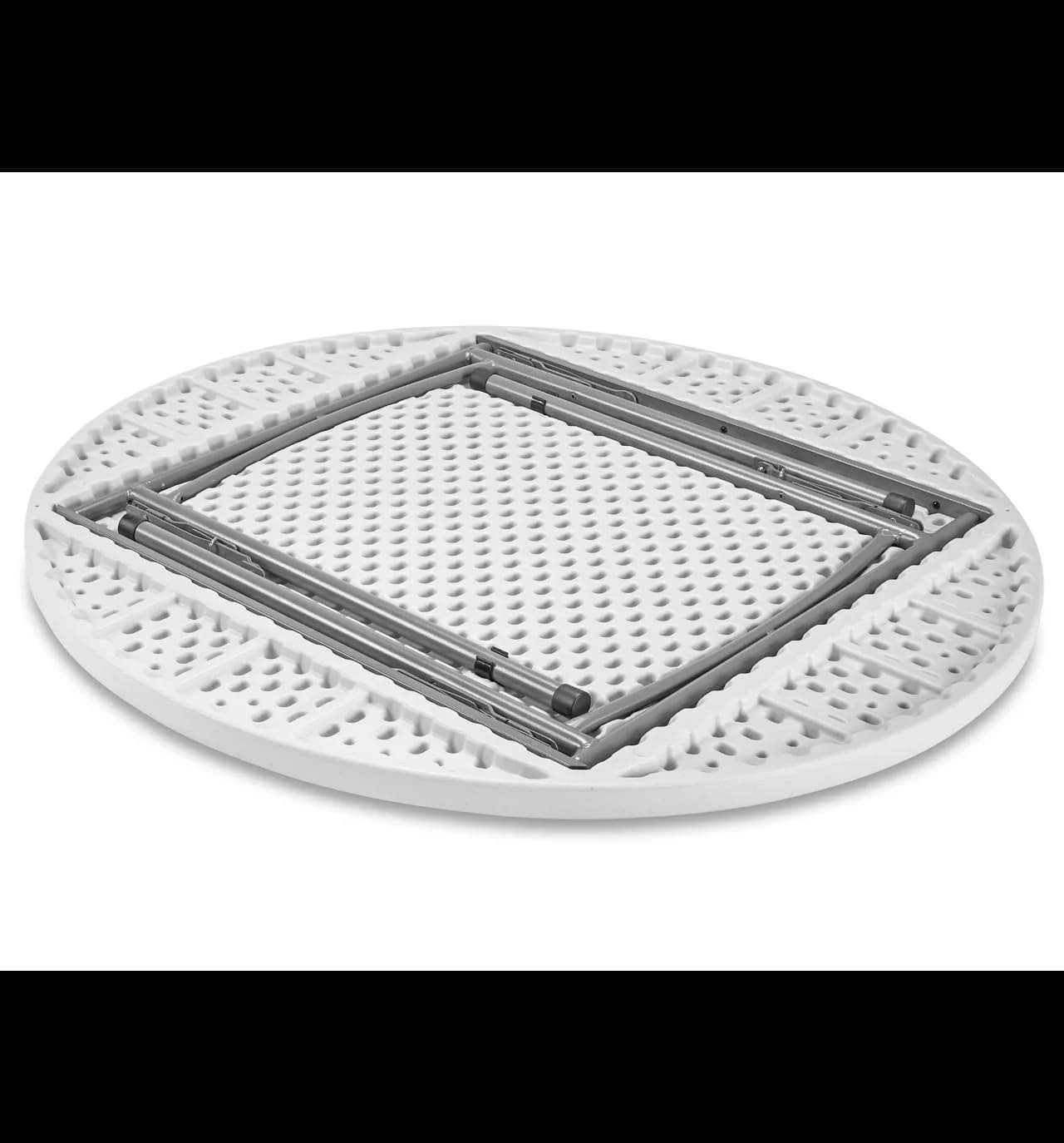 Underside view of the 48-inch white plastic round table showing folded legs and steel frame structure.