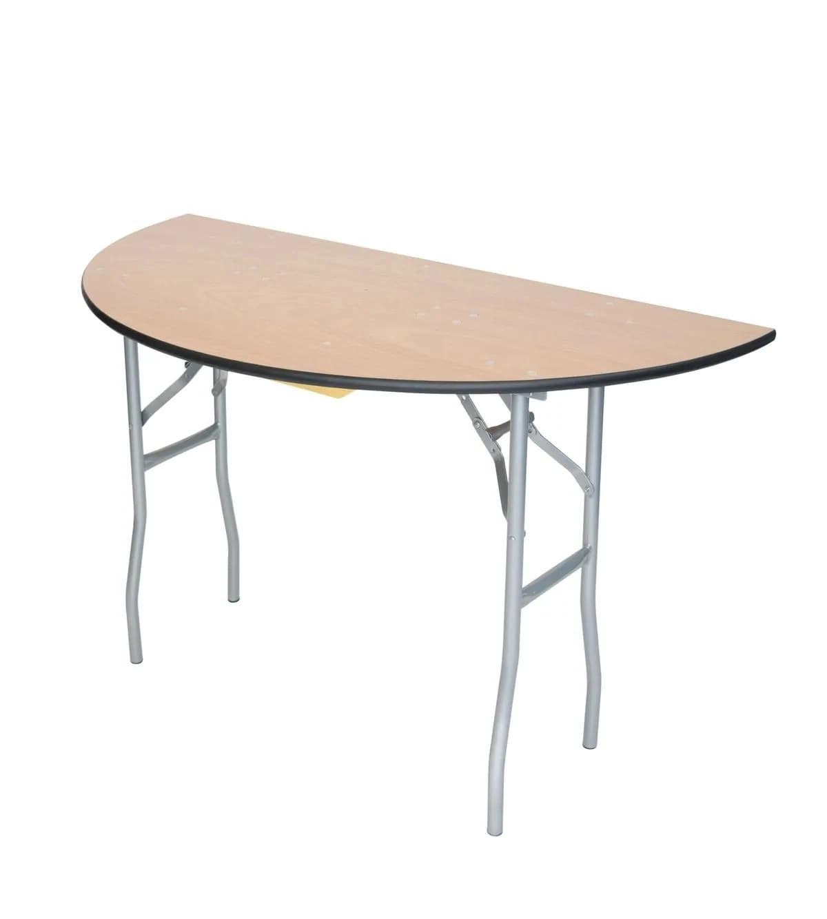 Front view of the 48-inch natural wood half-moon table showing curved shape and legs clearly visible.