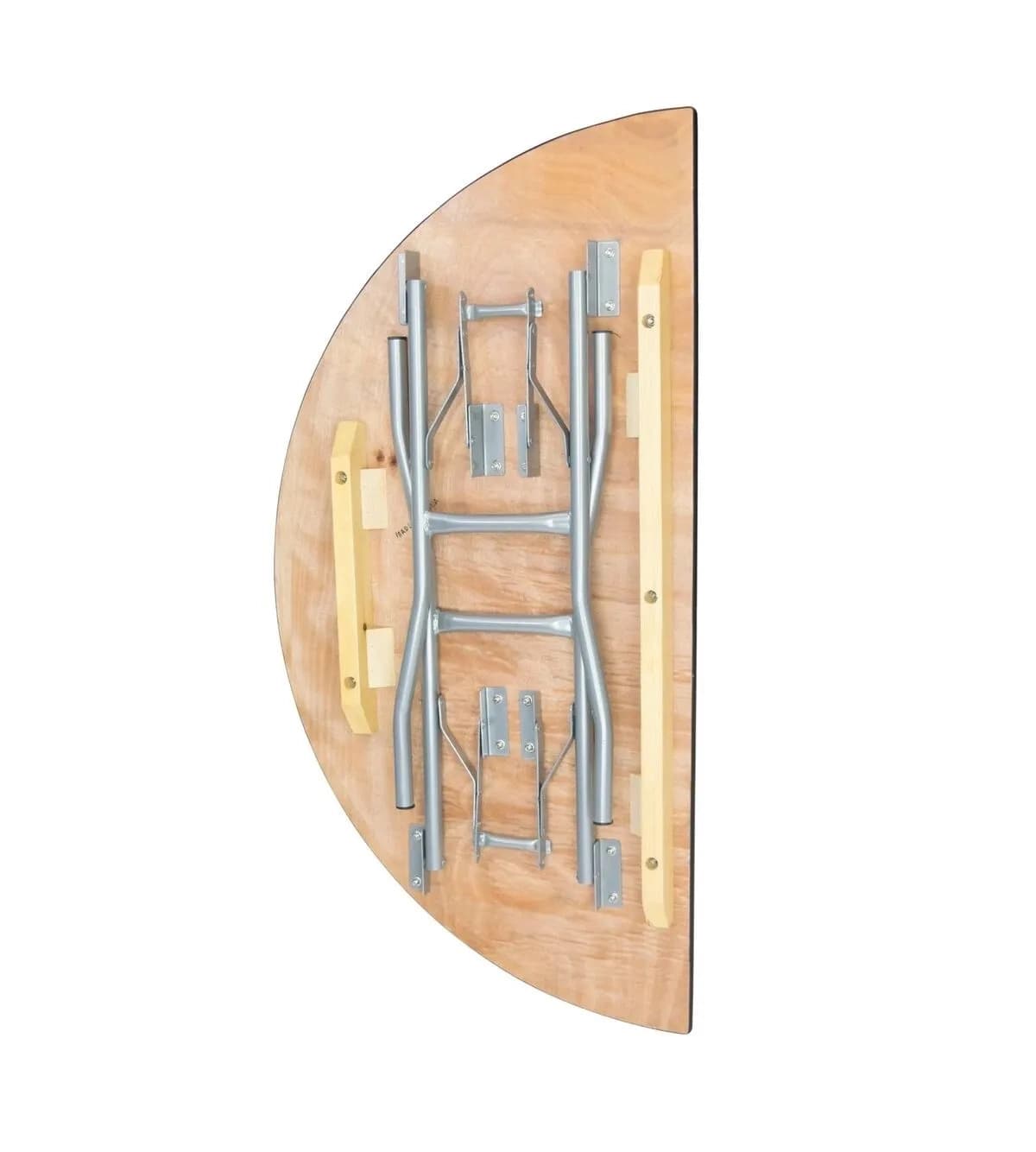 Underside view of the 48-inch natural wood half-moon table showing folded wishbone legs and frame structure.