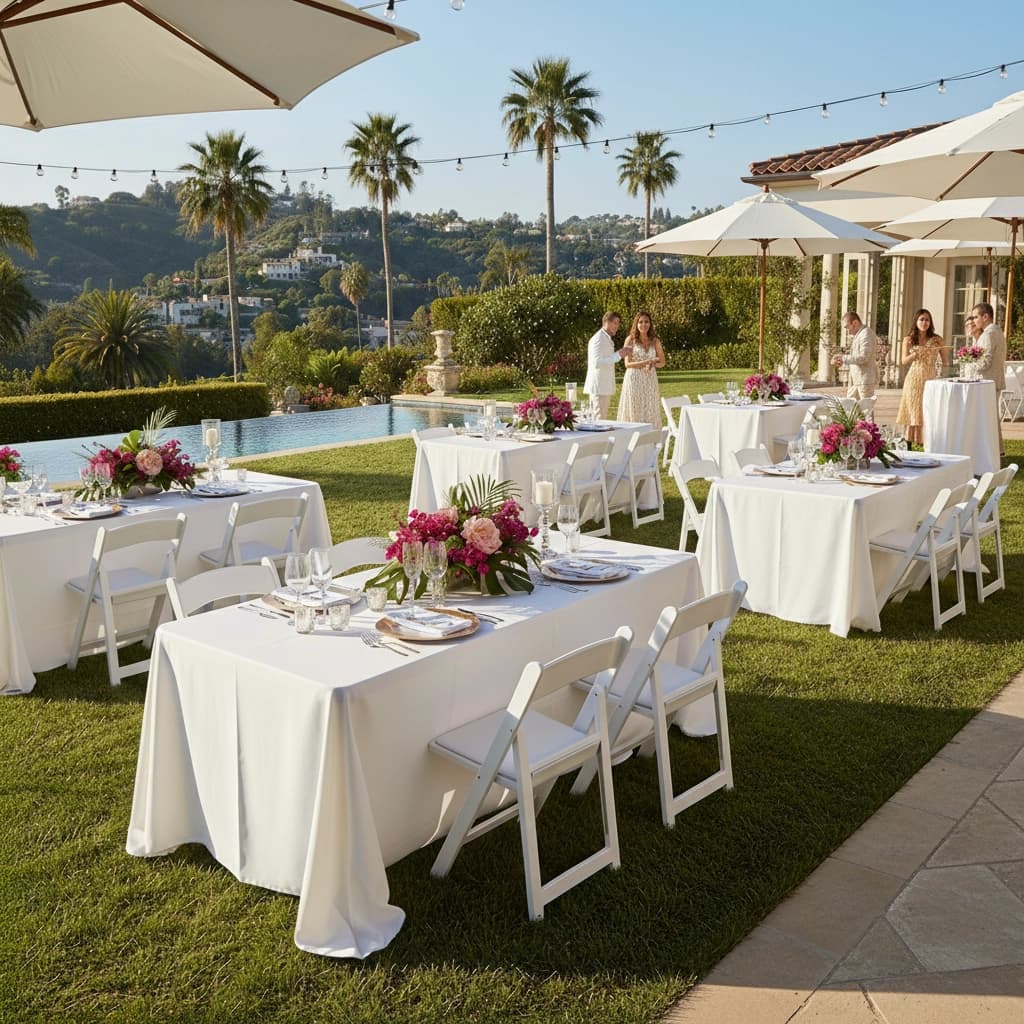 Outdoor event setup showing two 6-foot white plastic banquet tables dressed with linens and place settings.