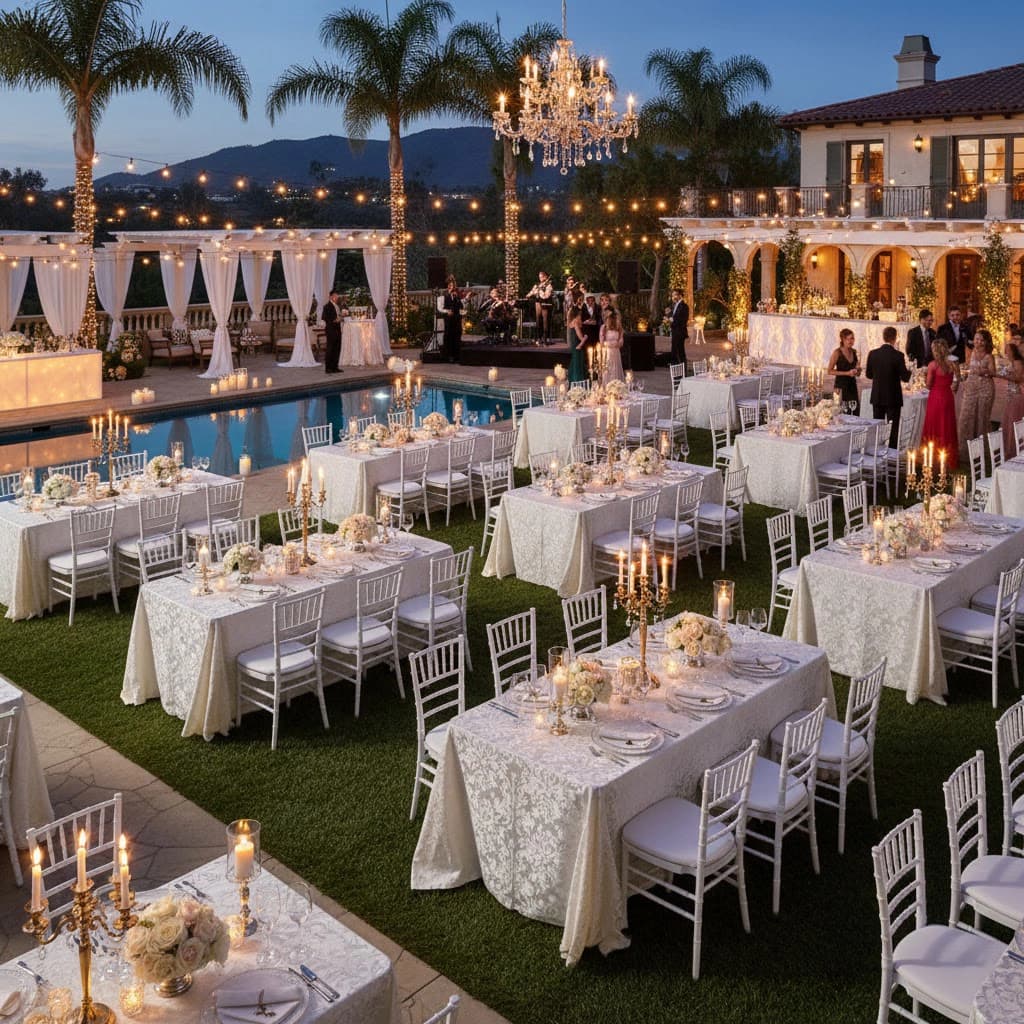 Evening outdoor reception featuring multiple 6-foot banquet tables with linens, chiavari chairs, and ambient string lighting.