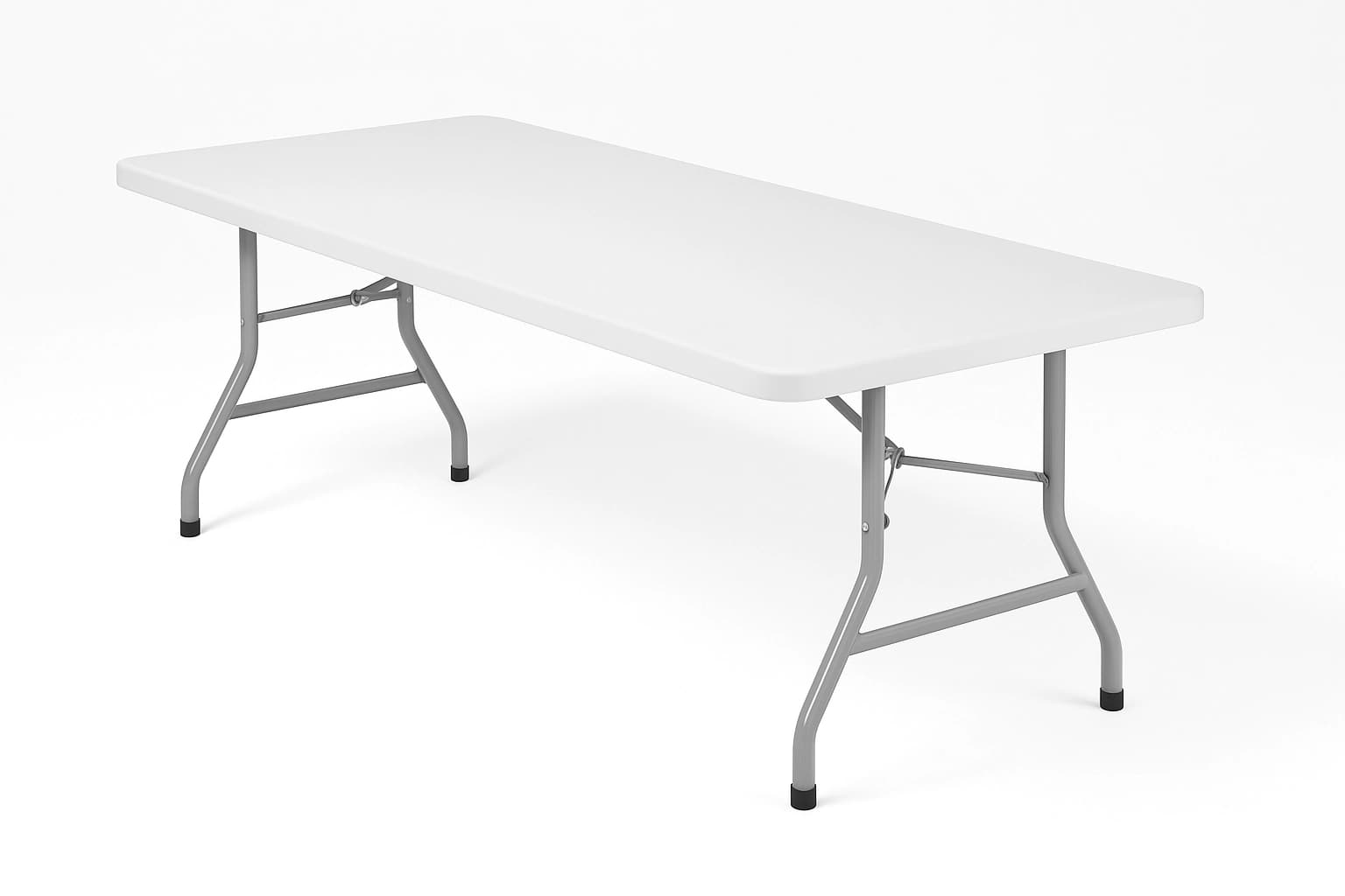 Front view of a 6-foot white plastic rectangular banquet table with folding steel legs on a clean background.