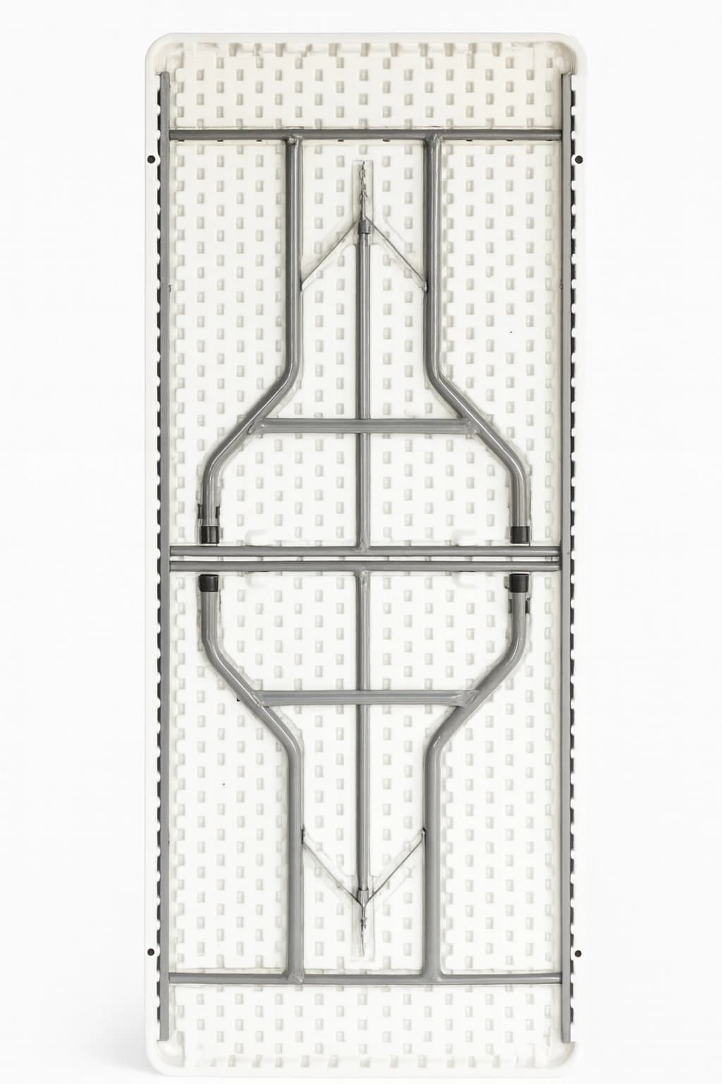 Underside view of 6-foot plastic banquet table highlighting powder-coated steel frame and fold-lock leg braces.