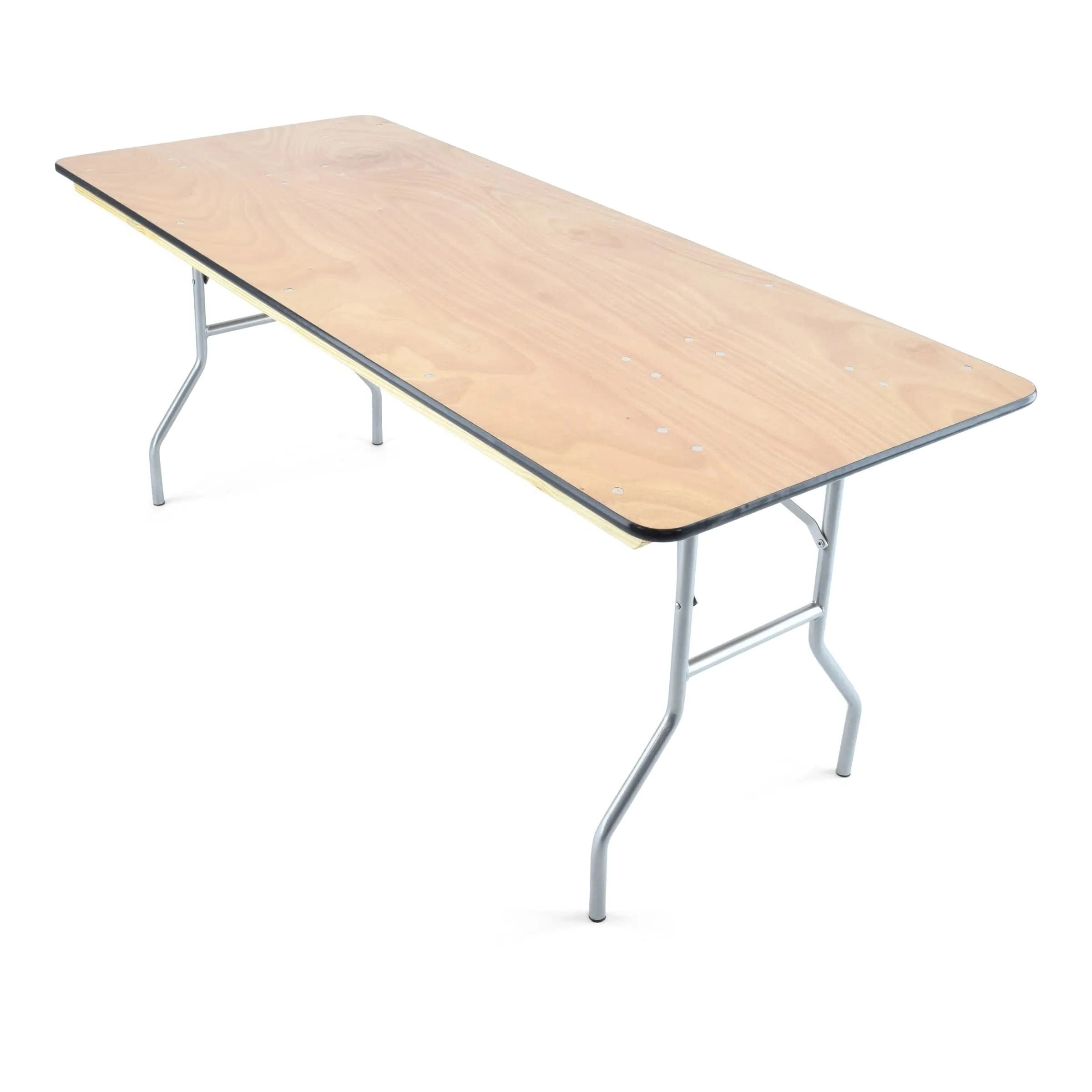 Front hero view of the 6-Foot Natural Wood Vinyl-Edge Rectangular Folding Table on white background.