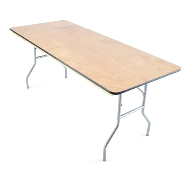 Front hero view of the 6-Foot Natural Wood Vinyl-Edge Rectangular Folding Table on white background.
