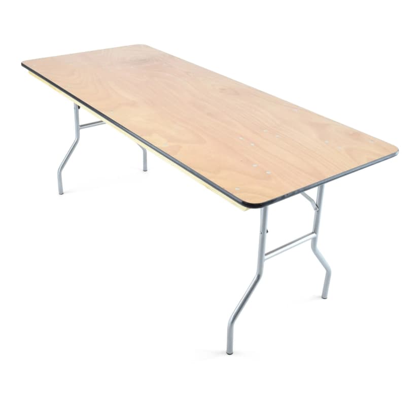 Front hero view of the 6-Foot Natural Wood Vinyl-Edge Rectangular Folding Table on white background.