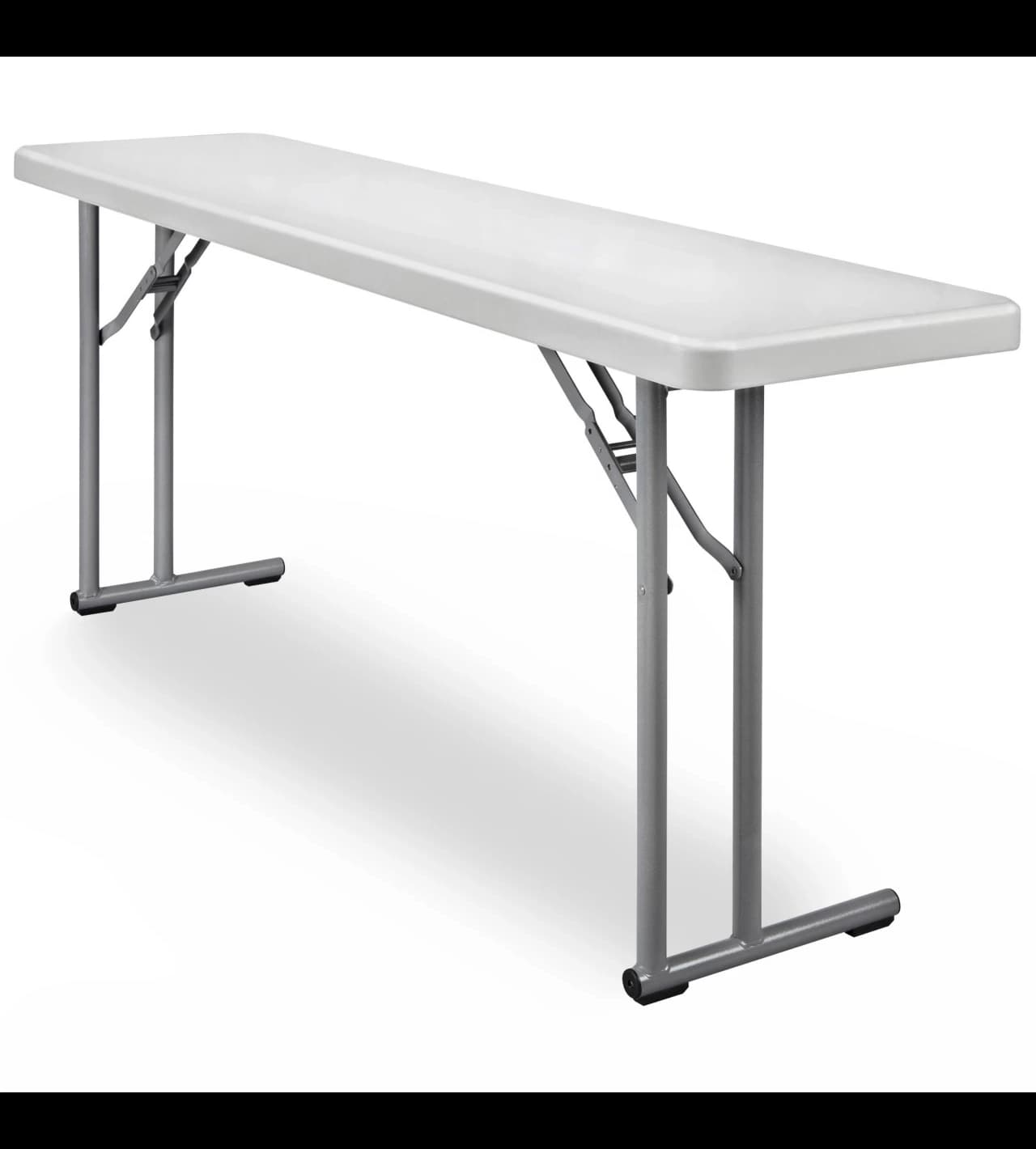 Front hero view of the 6-Foot White Plastic Skinny Rectangular Folding Table on white background.