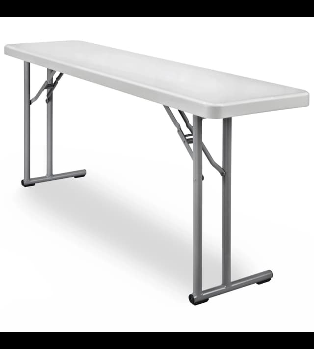 Front hero view of the 6-Foot White Plastic Skinny Rectangular Folding Table on white background.