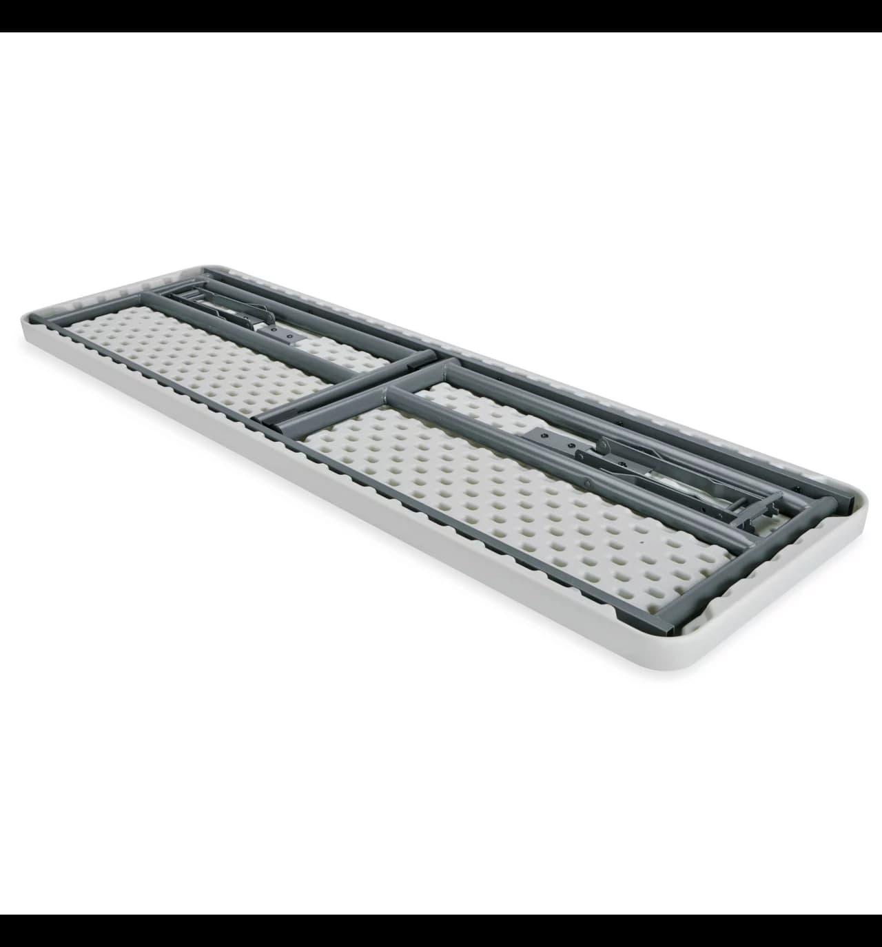 Underside view of the 6-Foot White Plastic Skinny Rectangular Table with four legs being Folded.