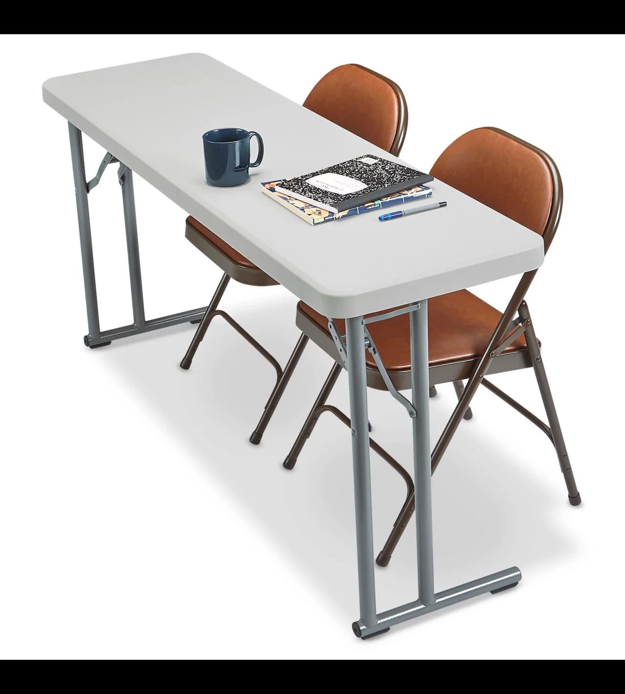 Top and side front view of the 6-Foot White Plastic Skinny Rectangular Table with two chairs for seating.