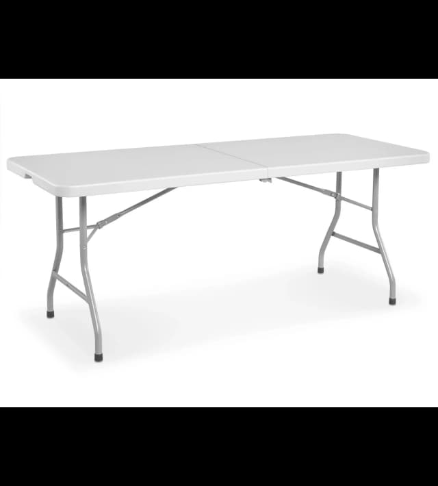 Front hero view of the 6-foot white plastic rectangular bi-fold utility table on white background.