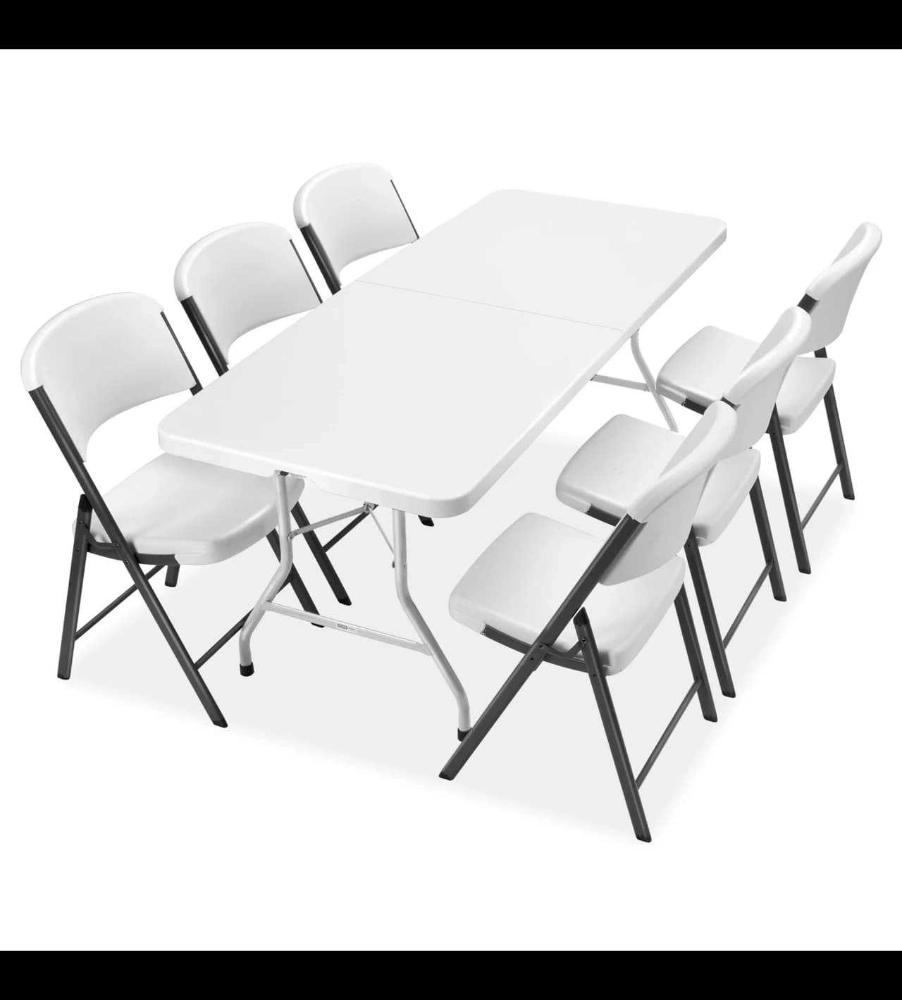 Setup view of the 6-foot white plastic bi-fold table with folding chairs in a clean layout.