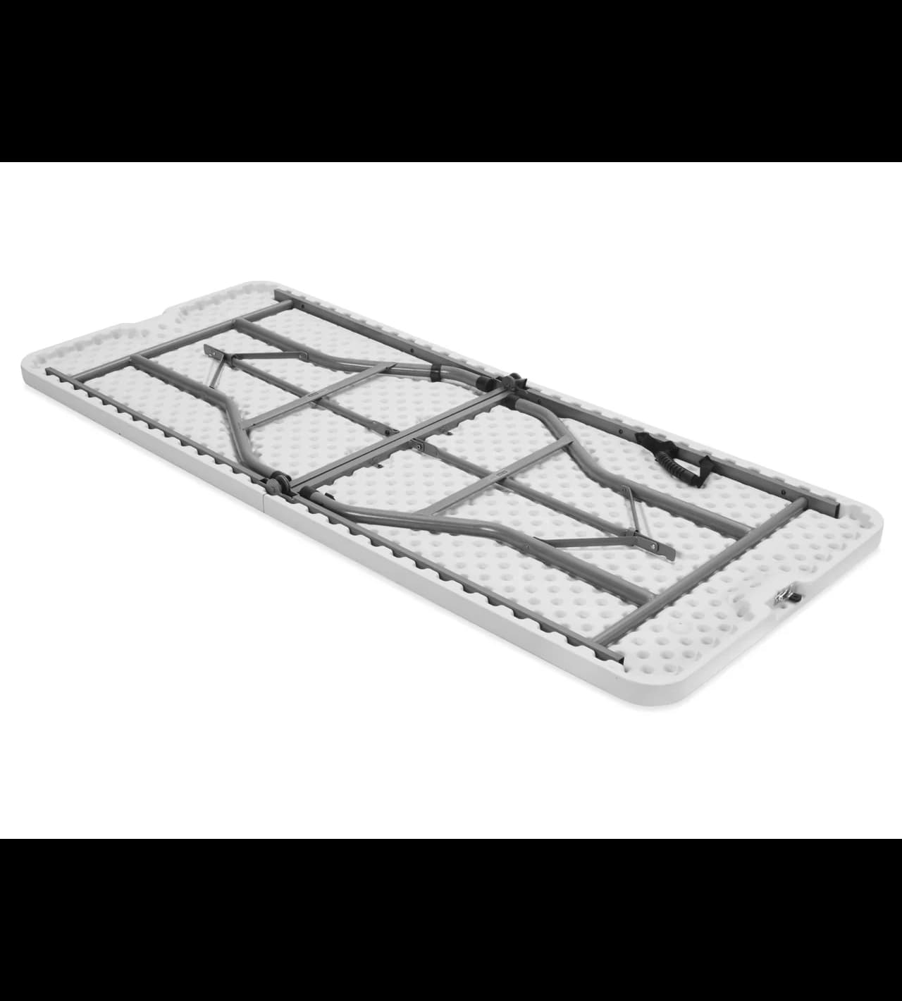 Underside view of the 6-foot white plastic bi-fold table showing steel frame and braces.