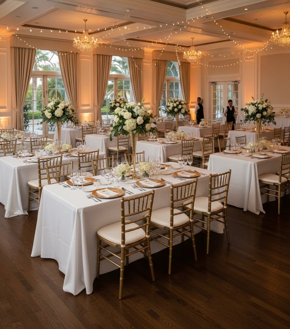Event venue layout showing white rectangular tables arranged for guest seating and dining service.