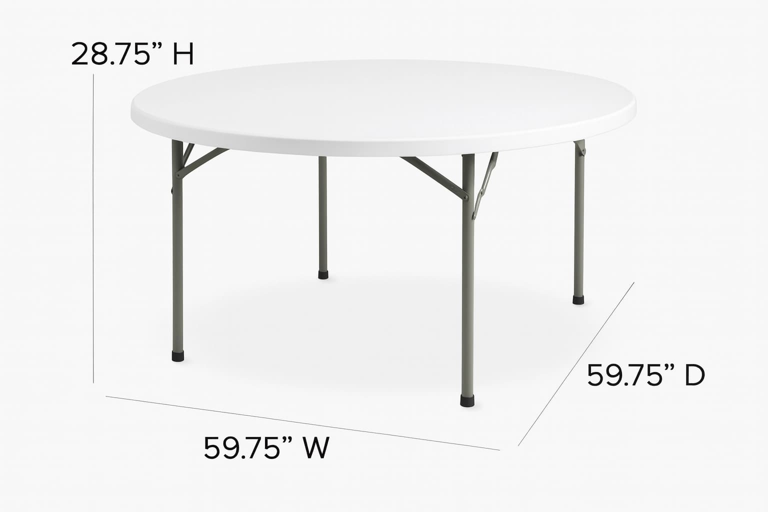 Dimension diagram of the 60-inch white plastic round folding table labeled with width depth and height measurements.