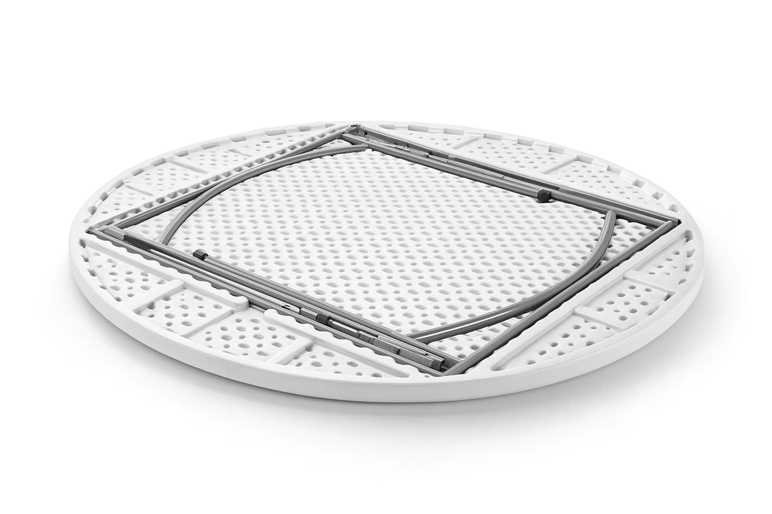 Underside view of the 60-inch white plastic round table showing folded steel legs and support frame.