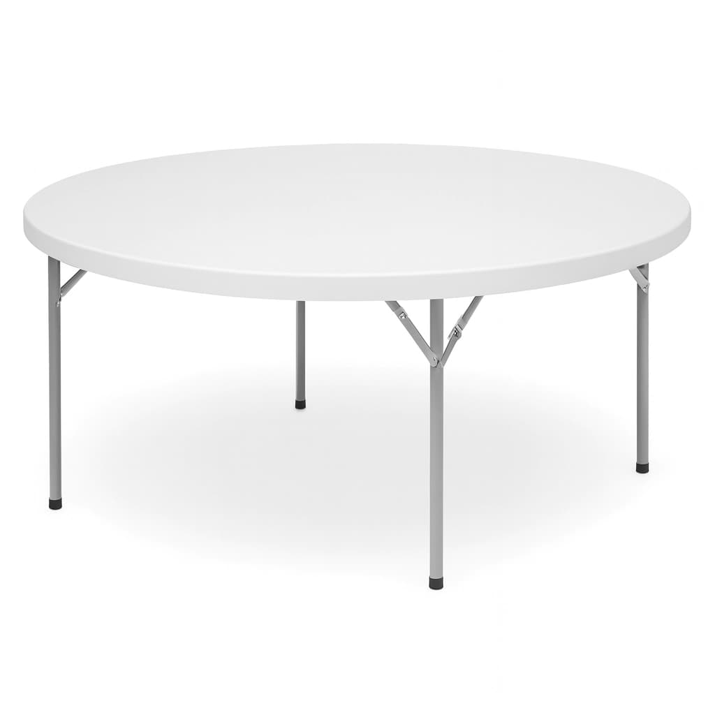 Front view of a 60-inch white plastic round folding leg banquet table on a clean background.