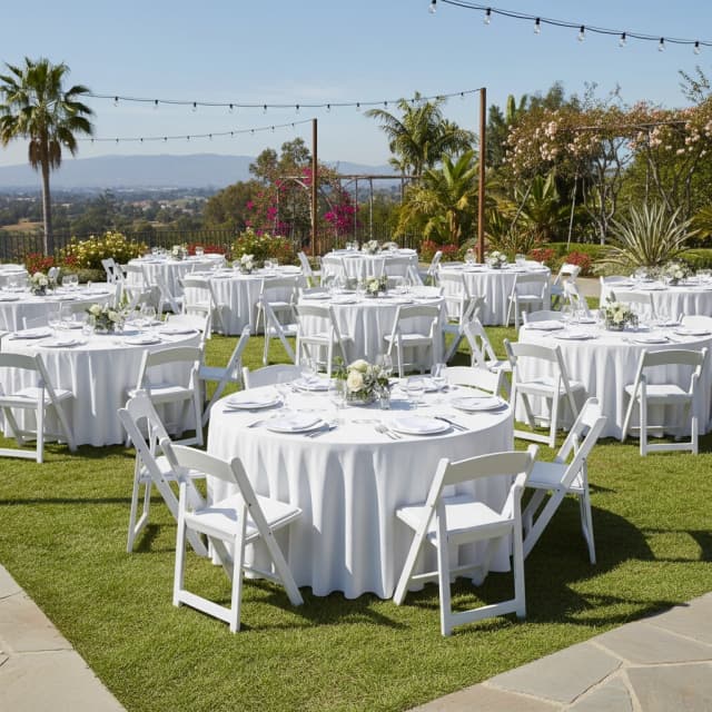 Hilltop outdoor event scene featuring several 60-inch white round tables with chairs arranged on a lawn.