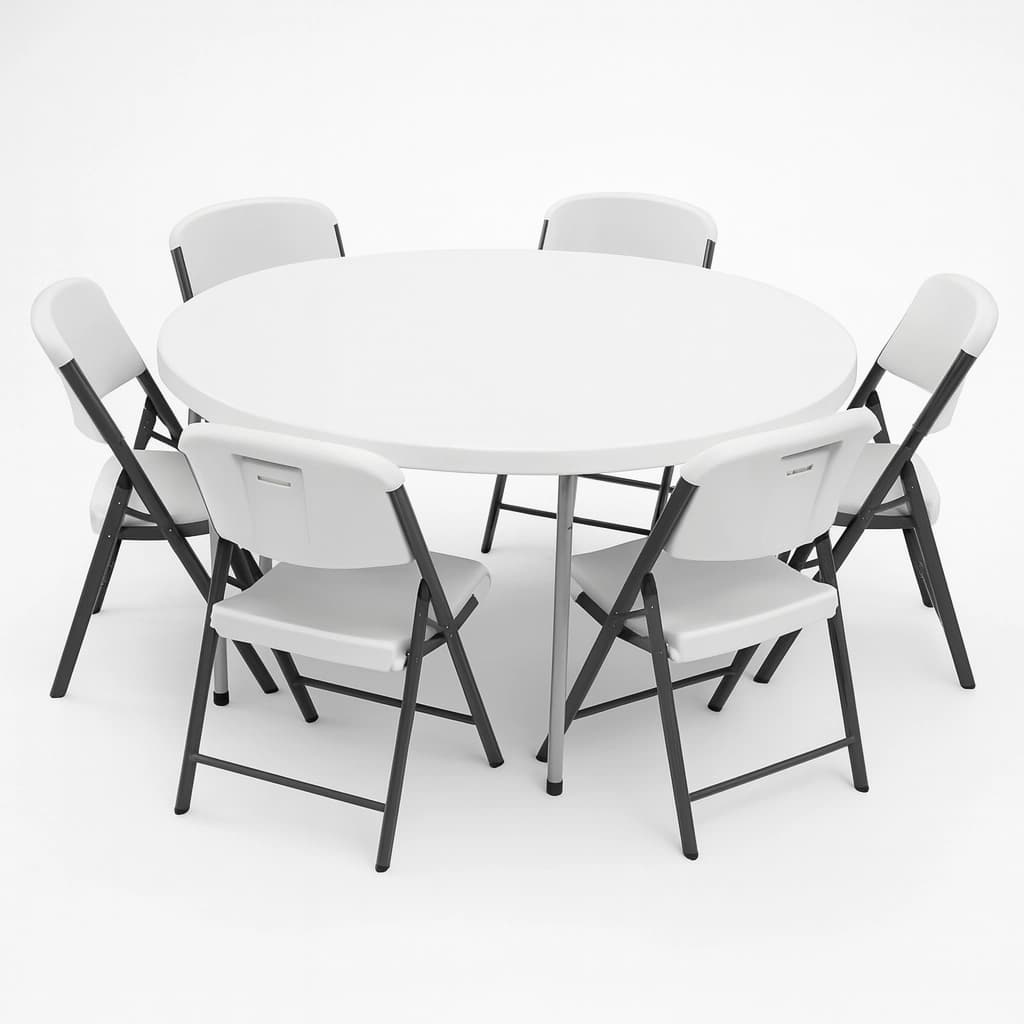 60-inch white plastic round folding table with six white folding chairs arranged for guest seating.