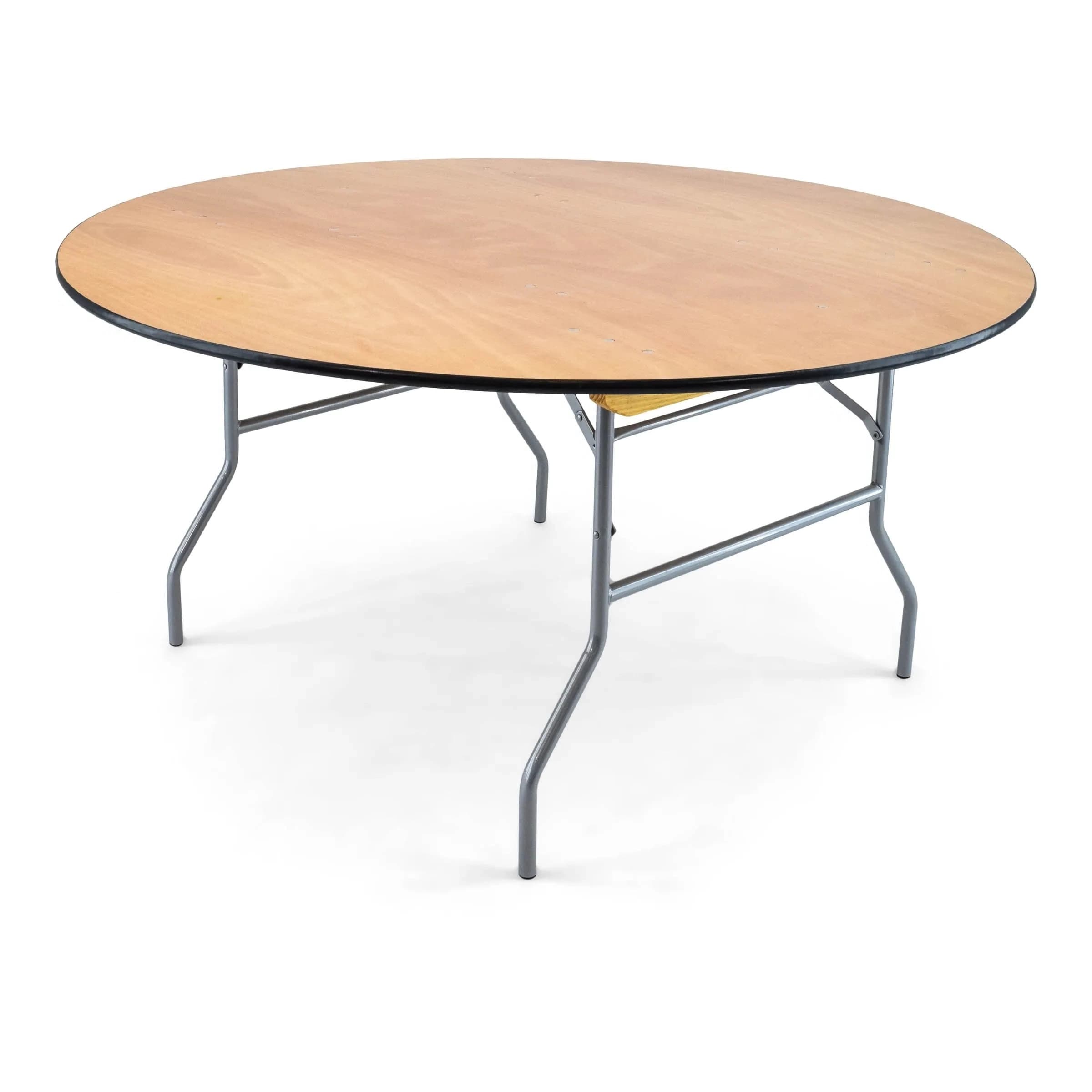 Front hero view of the 60-inch wood round folding table showing tabletop and legs clearly visible.