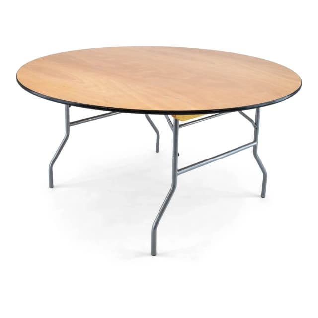 Front hero view of the 60-inch wood round folding table showing tabletop and legs clearly visible.