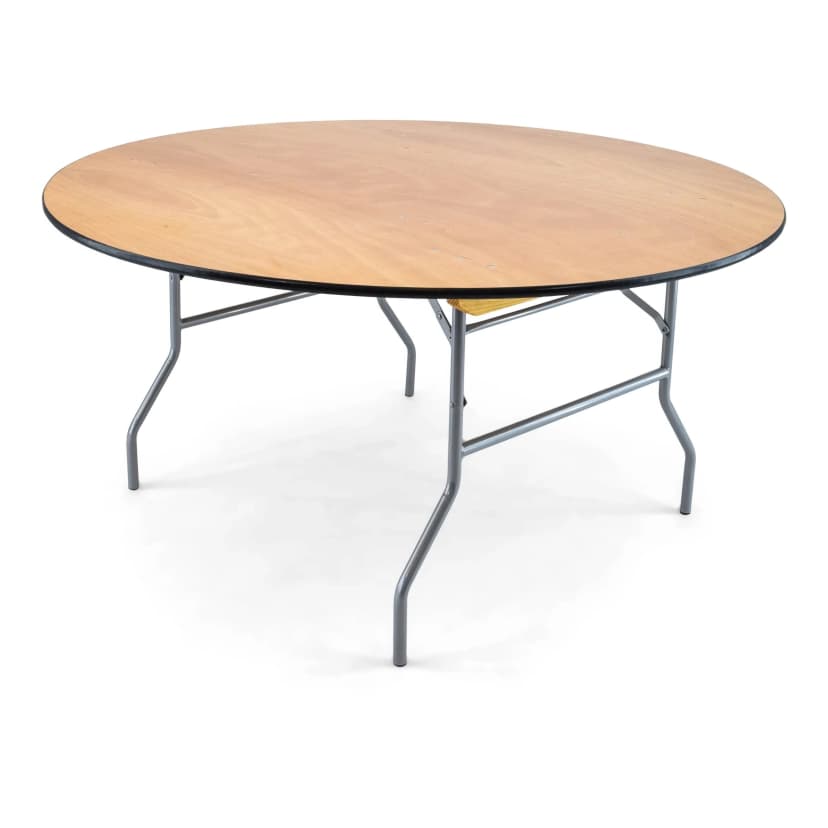 Front hero view of the 60-inch wood round folding table showing tabletop and legs clearly visible.