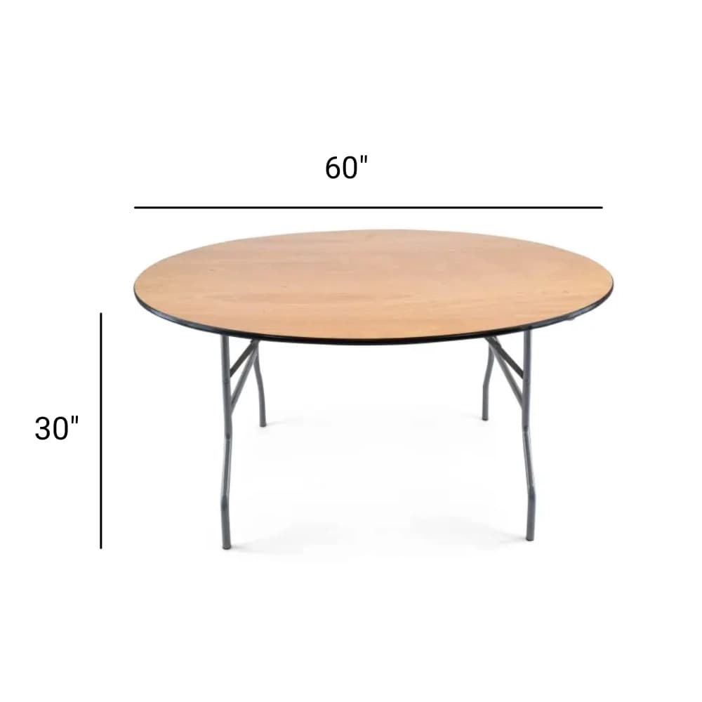 Side view of the 60-inch wood round folding table showing measurements and table dimensions from another angle.