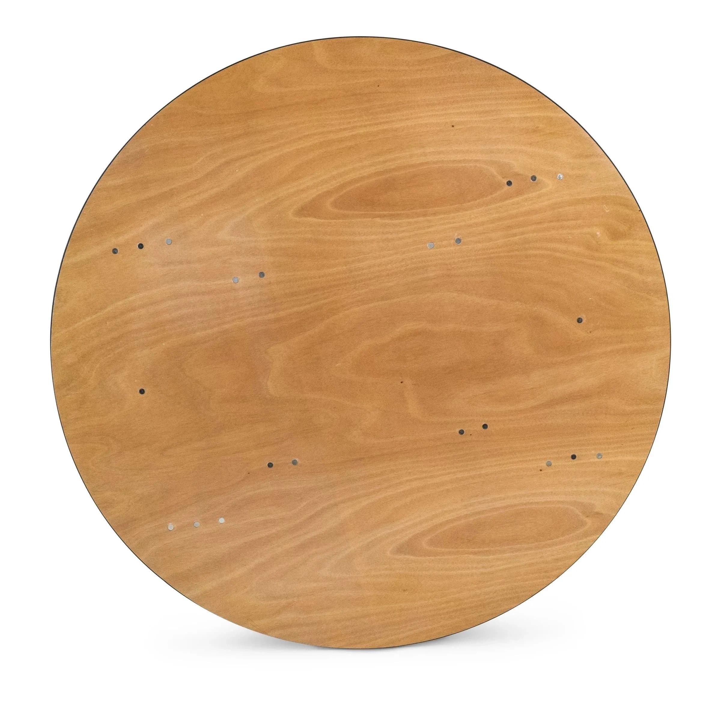 Top view of the 60-inch wood round folding table showing the complete circular surface and vinyl edge.