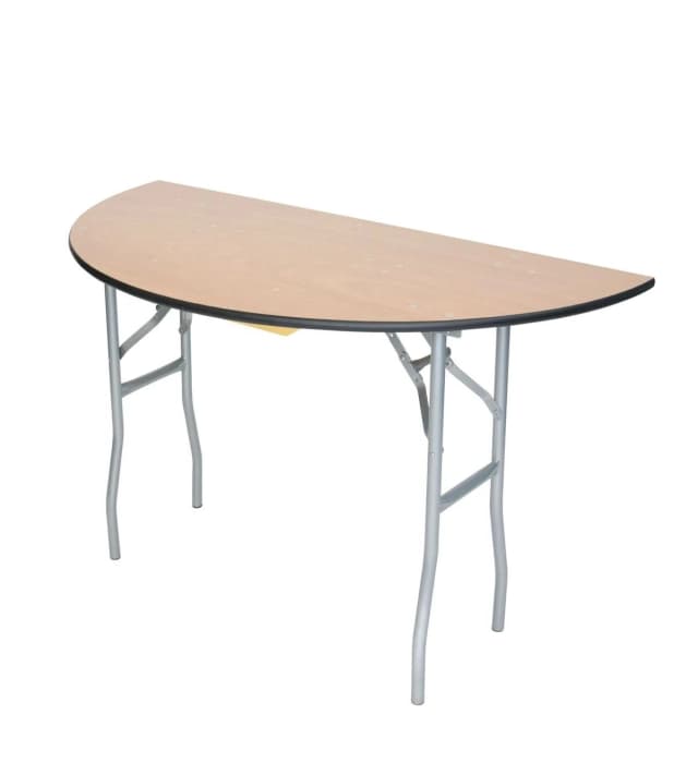 Front view of the 60-inch natural wood half-moon table showing curved shape and legs clearly visible.