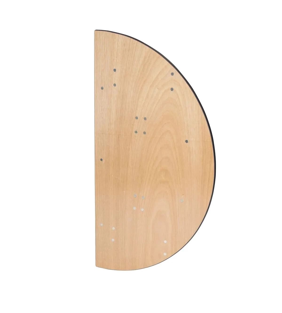 Top view of the 60-inch natural wood half-moon table showing the curved wooden surface and vinyl edge detail.