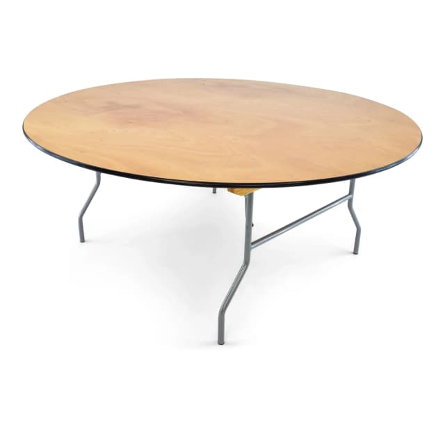 Front hero view of the 72-inch wood round folding table showing tabletop and legs clearly visible.