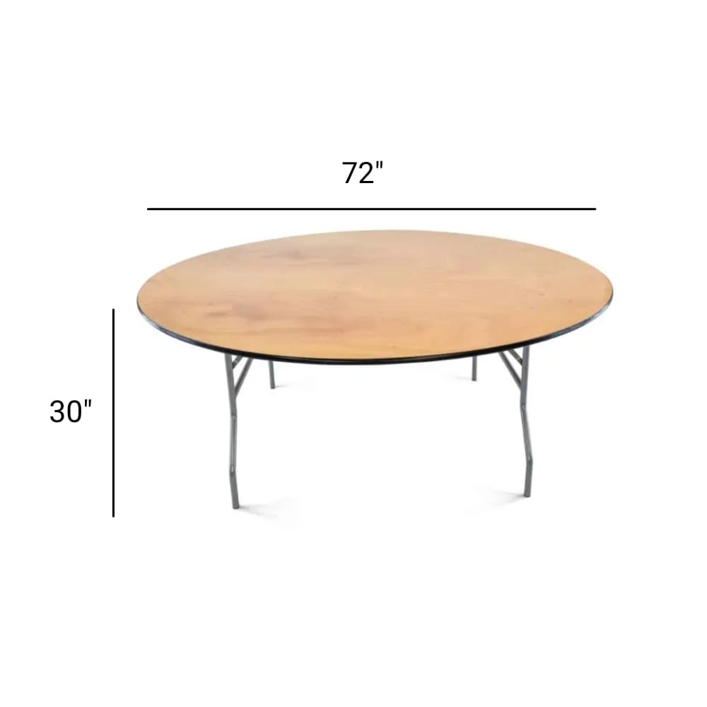 Side view of the 72-inch wood round folding table showing measurements and table dimensions from another angle.