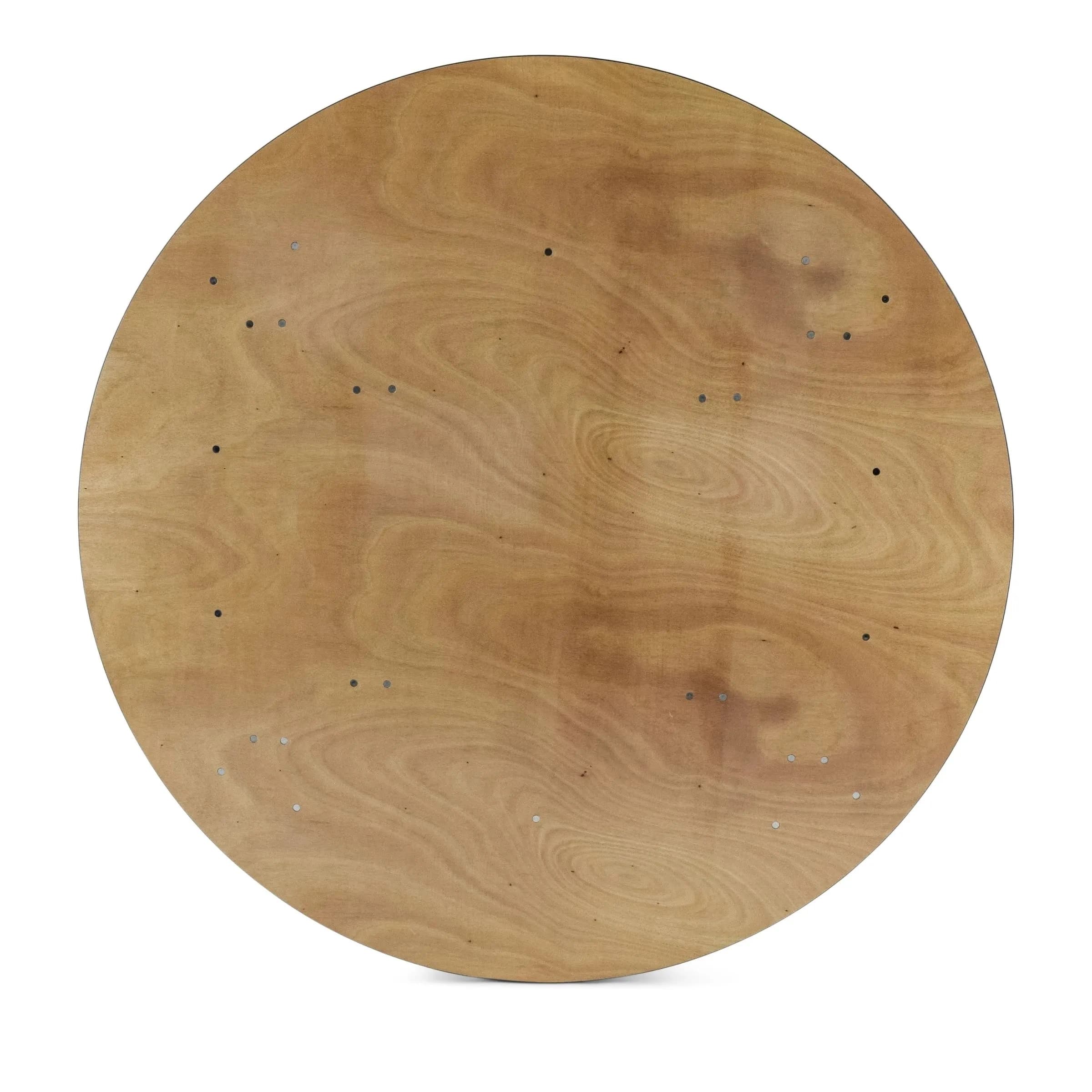 Top view of the 72-inch wood round folding table showing the complete circular surface and vinyl edge.