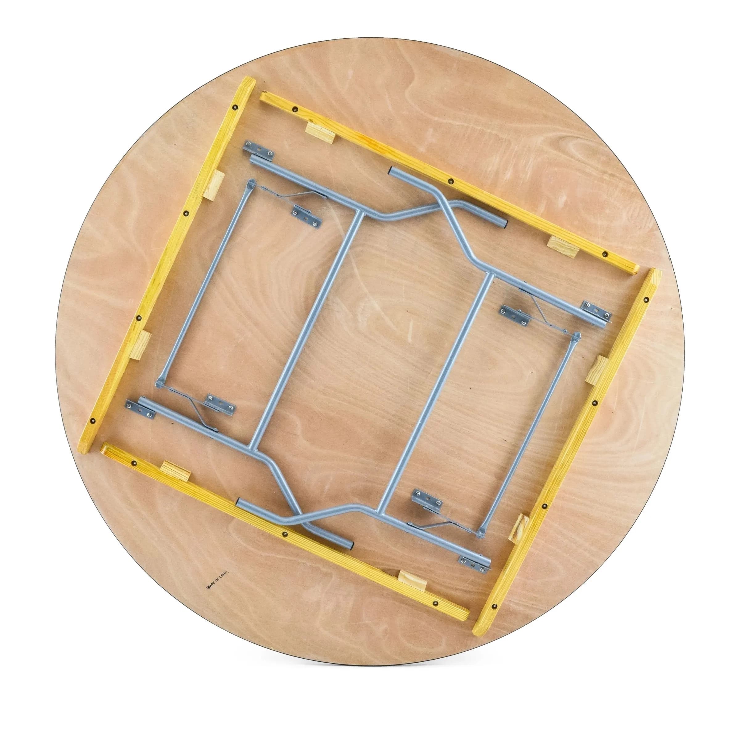 Underside view of the 72-inch wood round folding table showing folded legs and frame structure.