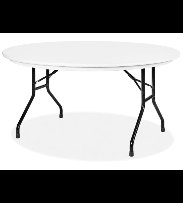 Front hero view of the 72-inch white plastic round folding table showing tabletop and legs clearly visible.