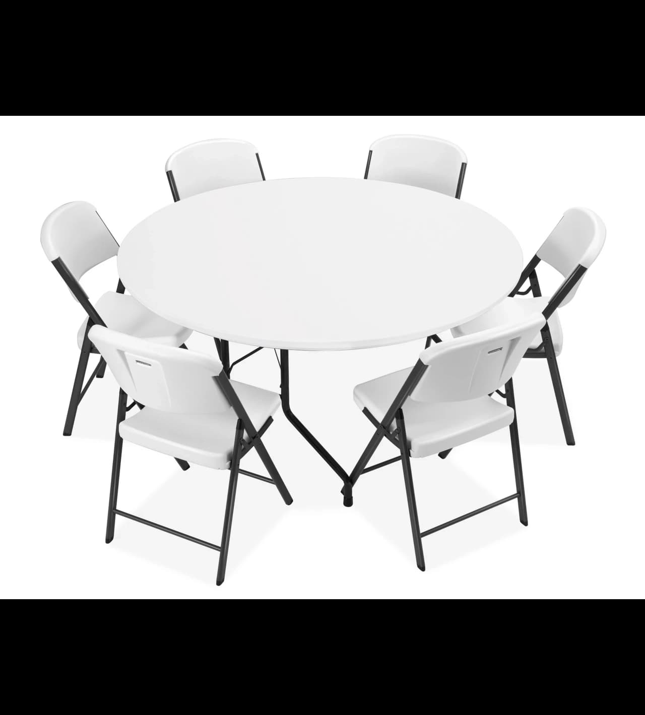 Setup view of the 72-inch white plastic round folding table with six chairs arranged around it for seating.