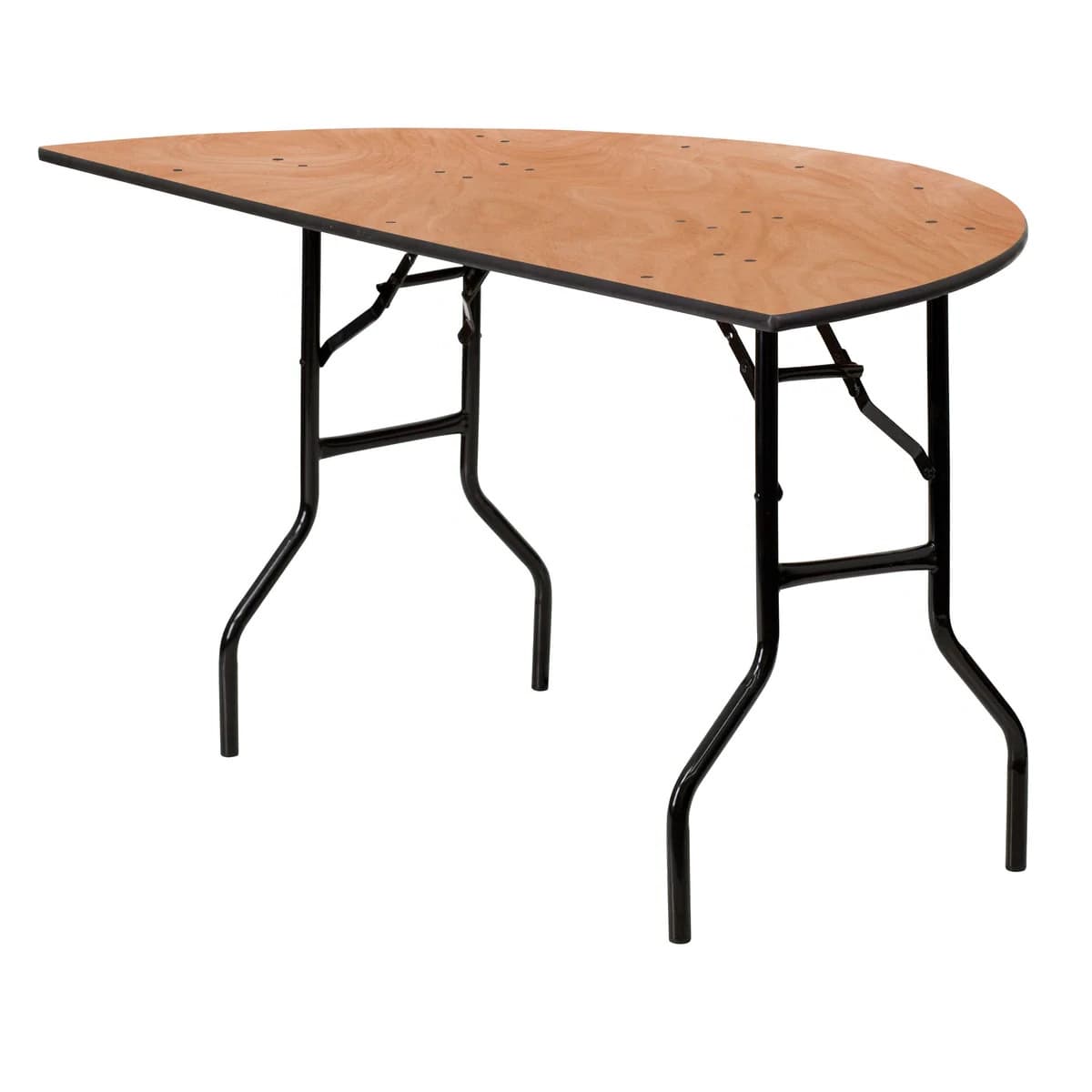 Front hero view of the 72-inch natural wood half-moon folding table showing curved shape and legs clearly visible.