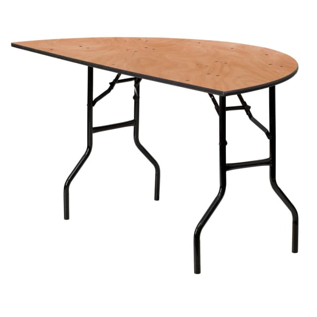 Front hero view of the 72-inch natural wood half-moon folding table showing curved shape and legs clearly visible.