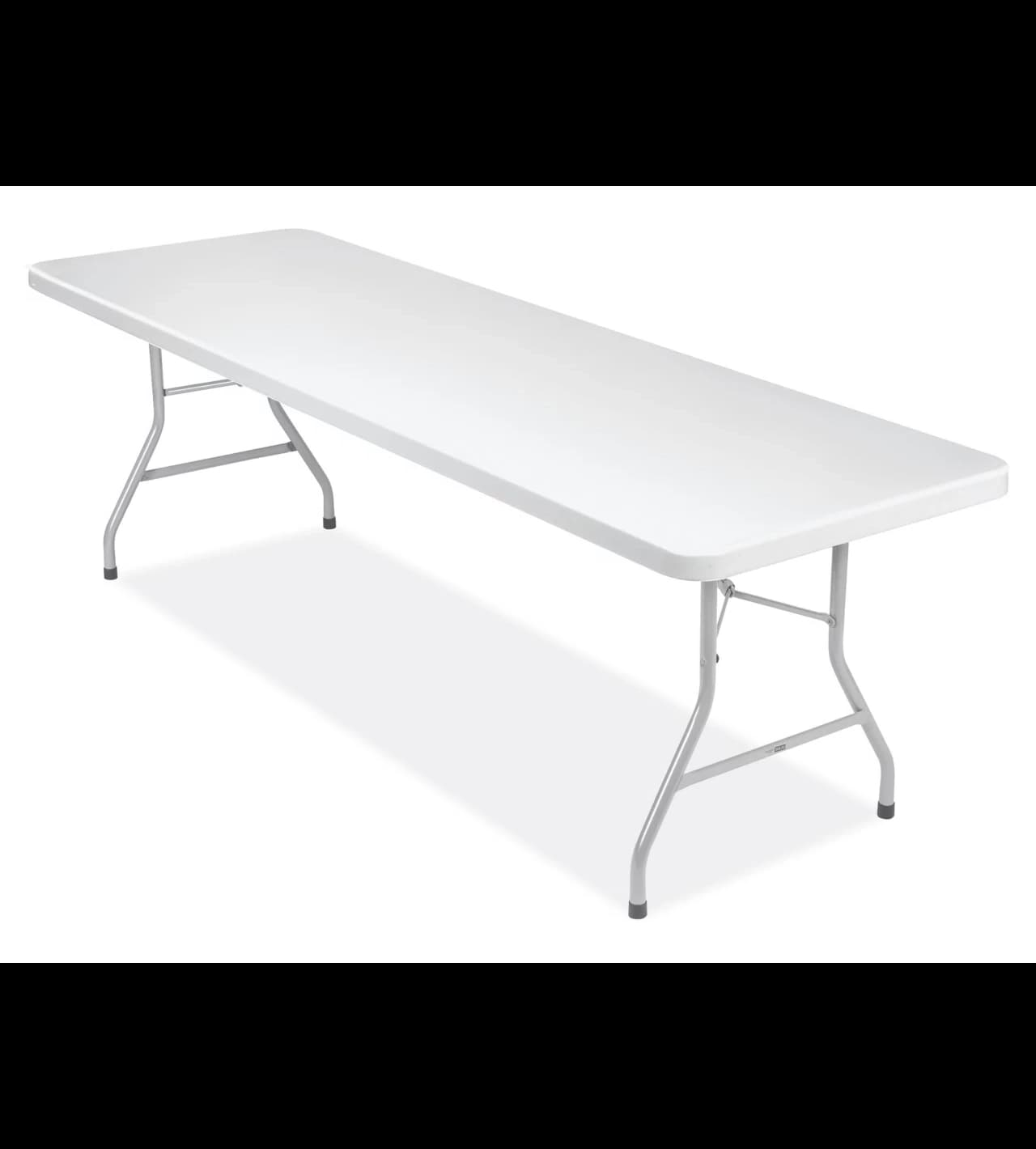 Front hero view of the 8-foot white plastic rectangular folding table on white background.