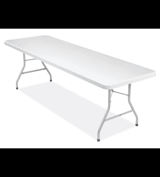 Front hero view of the 8-foot white plastic rectangular folding table on white background.