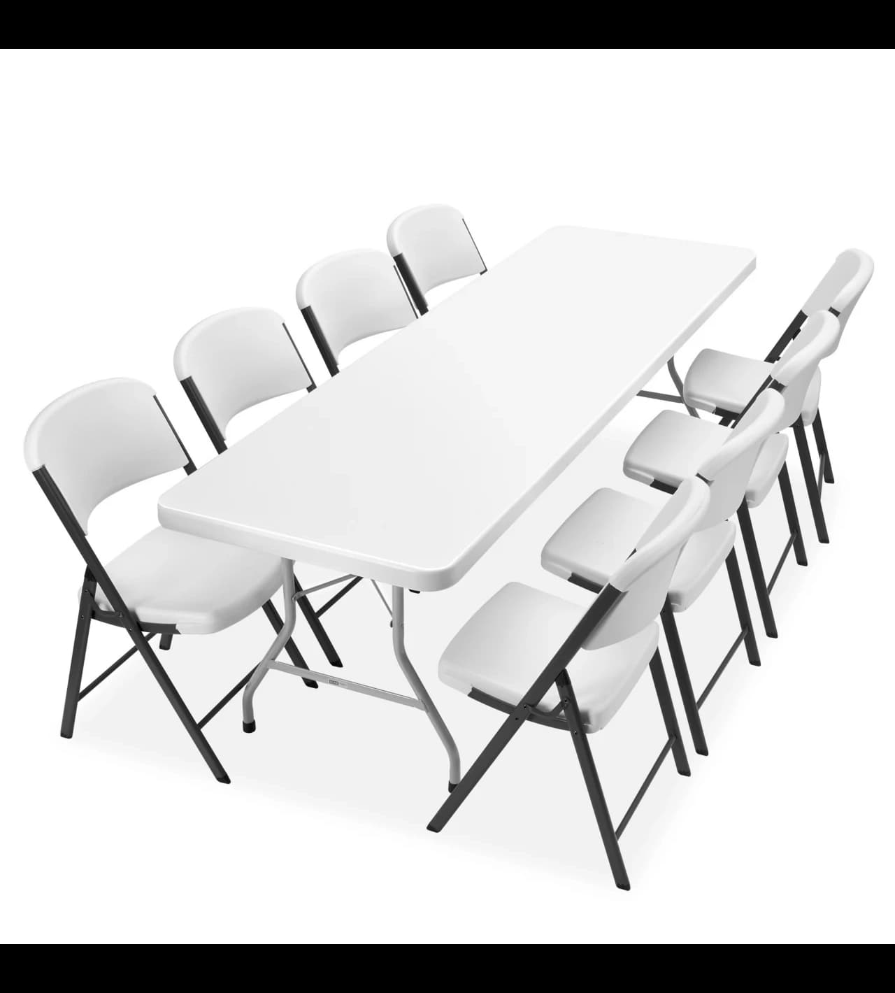 Setup view of the 8-foot white plastic rectangular folding table with folding chairs in a clean layout.