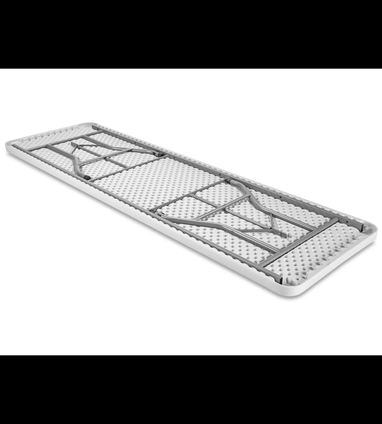 Underside view of the 8-foot white plastic rectangular folding table showing steel frame and braces.