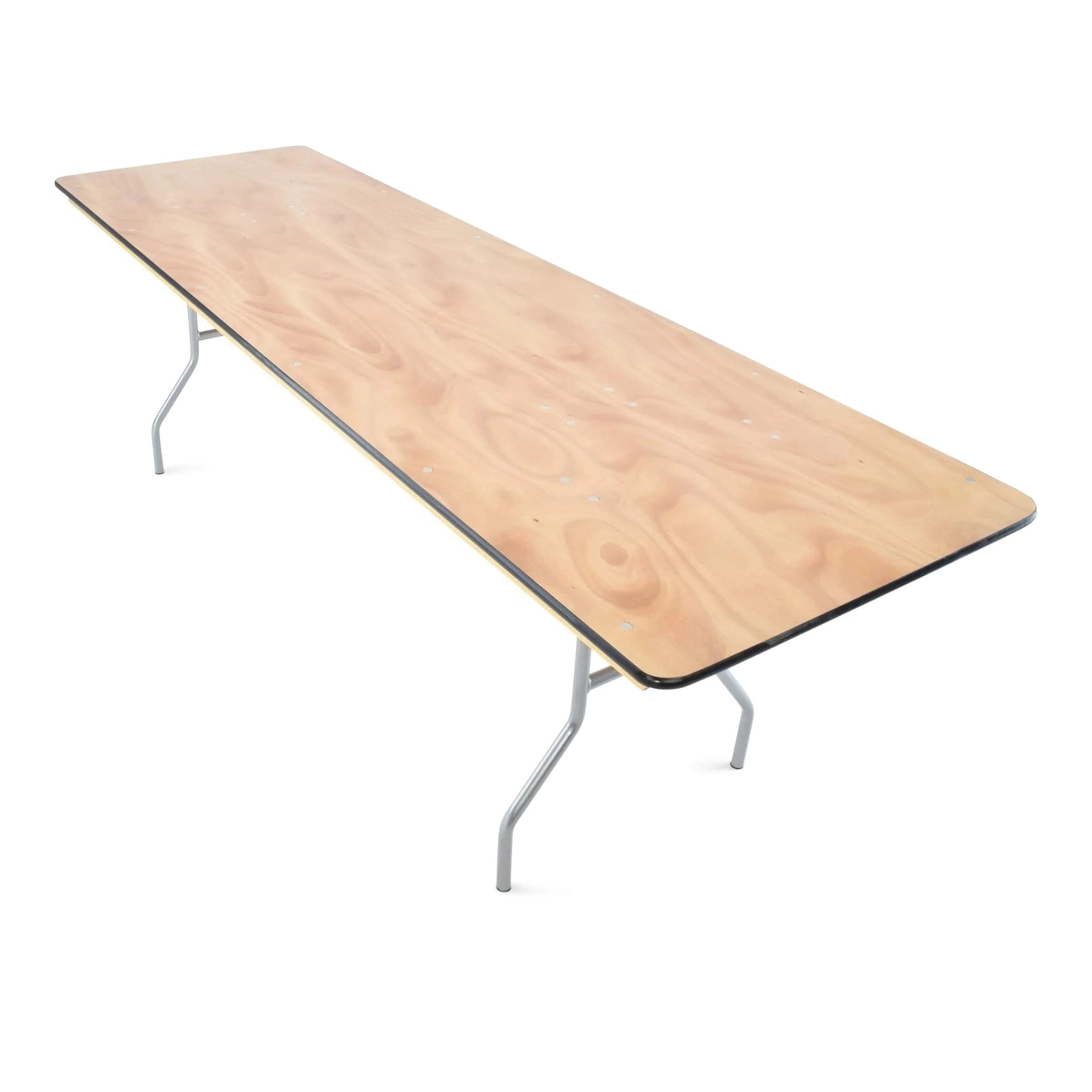 Front hero view of the 8-foot natural wood vinyl-edge rectangular folding table showing top and side perspective.