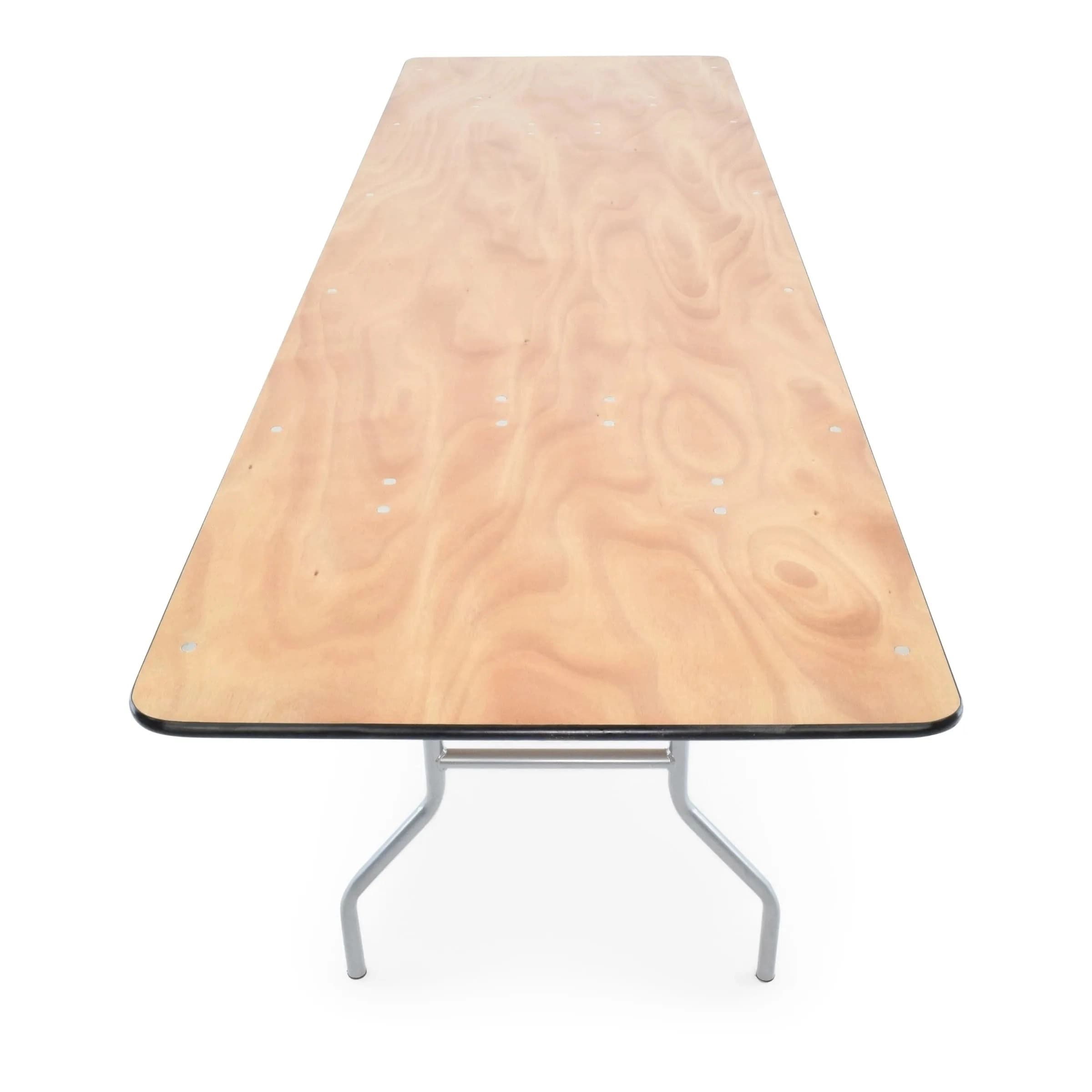 Narrow side view of the 8-foot natural wood rectangular table showing width dimension and two-leg configuration.