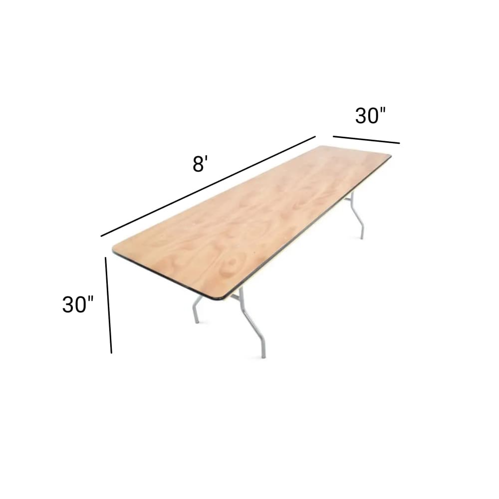 Top view of the 8-foot natural wood rectangular table with measurement indicators showing dimensions and surface area.