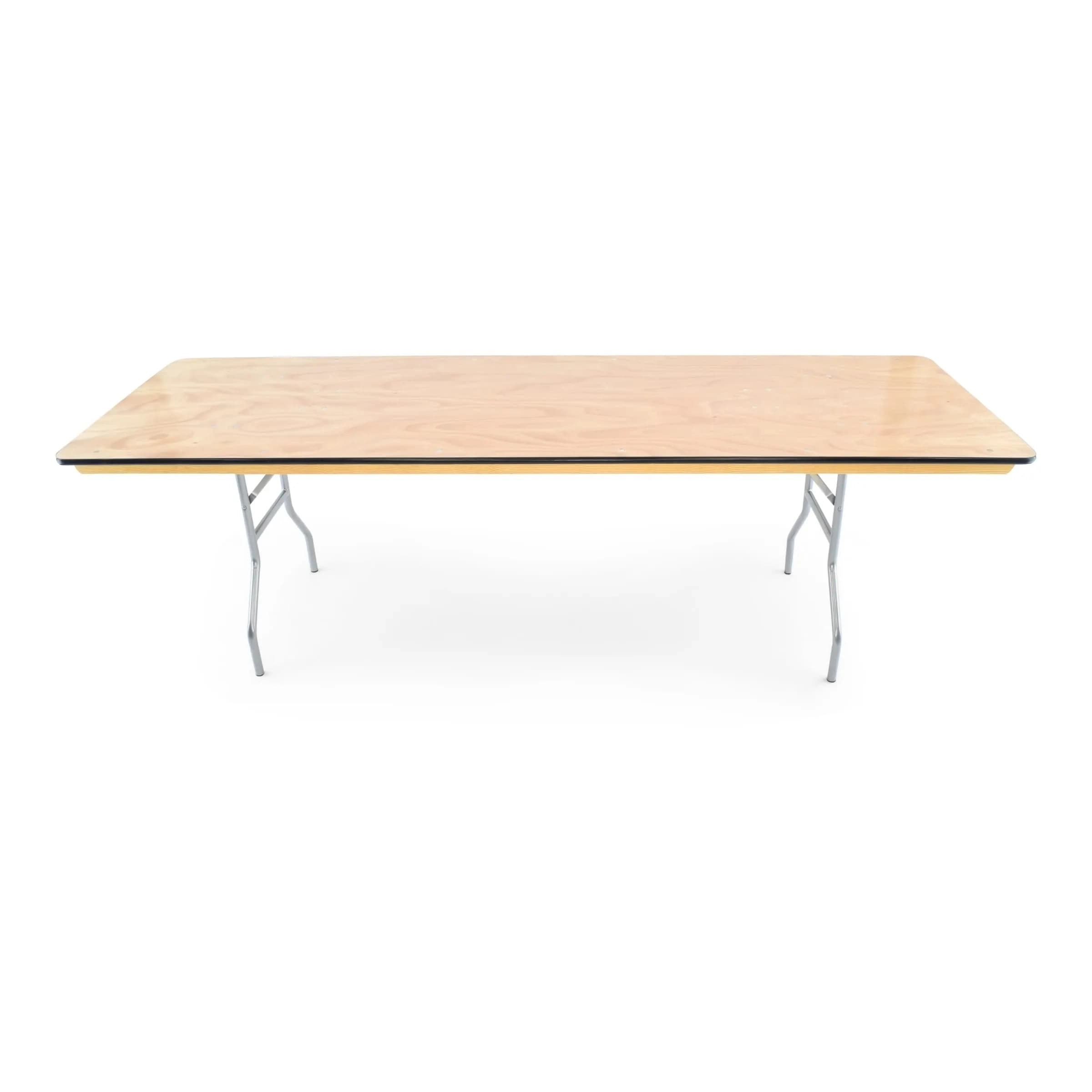 Wide side view of the 8-foot natural wood rectangular table showing full length and four supporting legs.