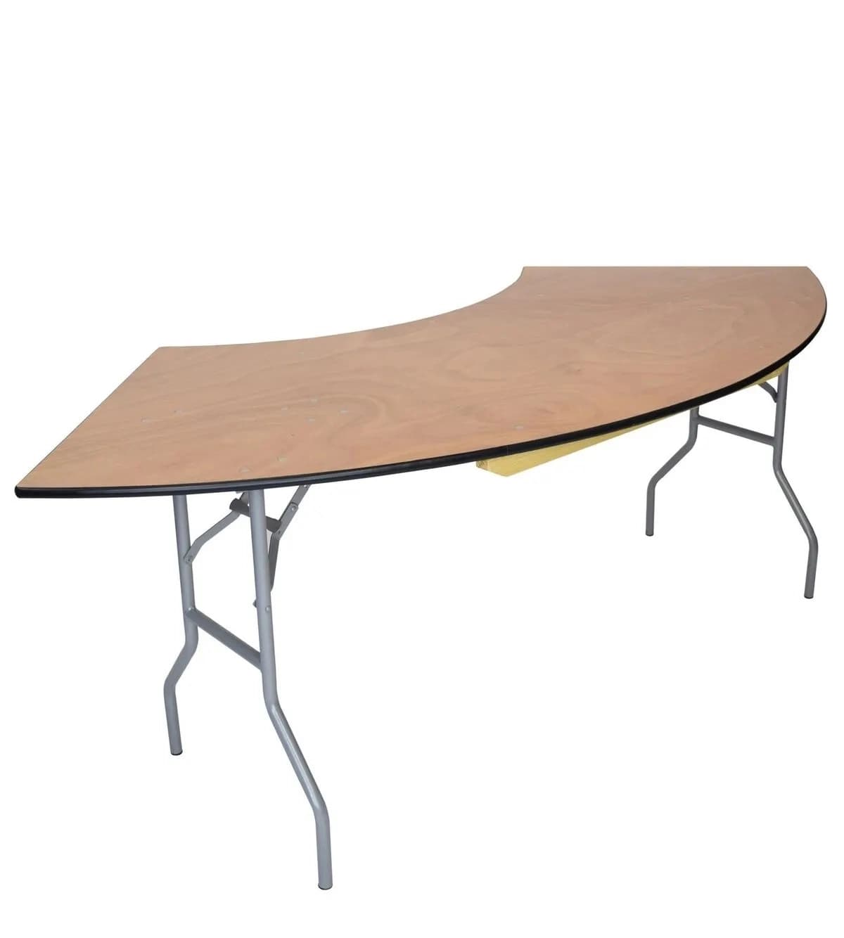 Front view of the single base-tier serpentine bar table showing extended natural wood surface and four supporting legs.