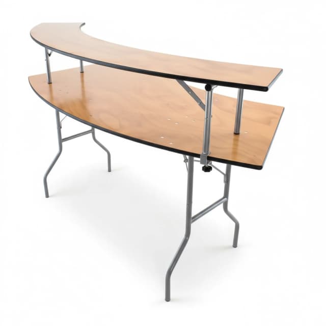 Front hero view of the 8-foot natural wood serpentine bar table showing double-tier design with four legs visible.